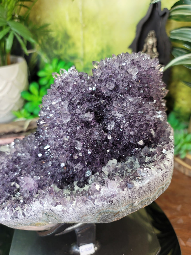 20 Pound Twin Stalactite Amethyst Cluster with Water Clear Points & Calcite on Metal Stand