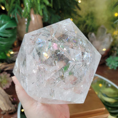 XL Clear Quartz Rainbow Filled 20 Sided Icosahedron