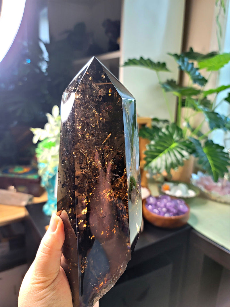 9.5" Tall Smoky Quartz Tower on Display Stand