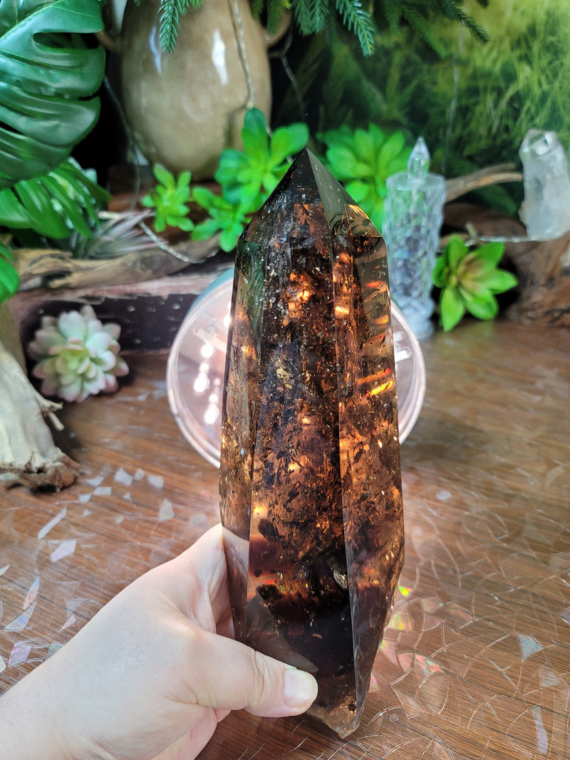 9.5" Tall Smoky Quartz Tower on Display Stand