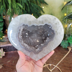 Large Quartz with Agate Geode Heart on Custom Stand