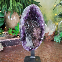 Collectors Piece - Amethyst Geode with Calcite, Hematite, Goethite and Smoky Quartz on Custom Stand