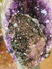 Collectors Piece - Amethyst Geode with Calcite, Hematite, Goethite and Smoky Quartz on Custom Stand