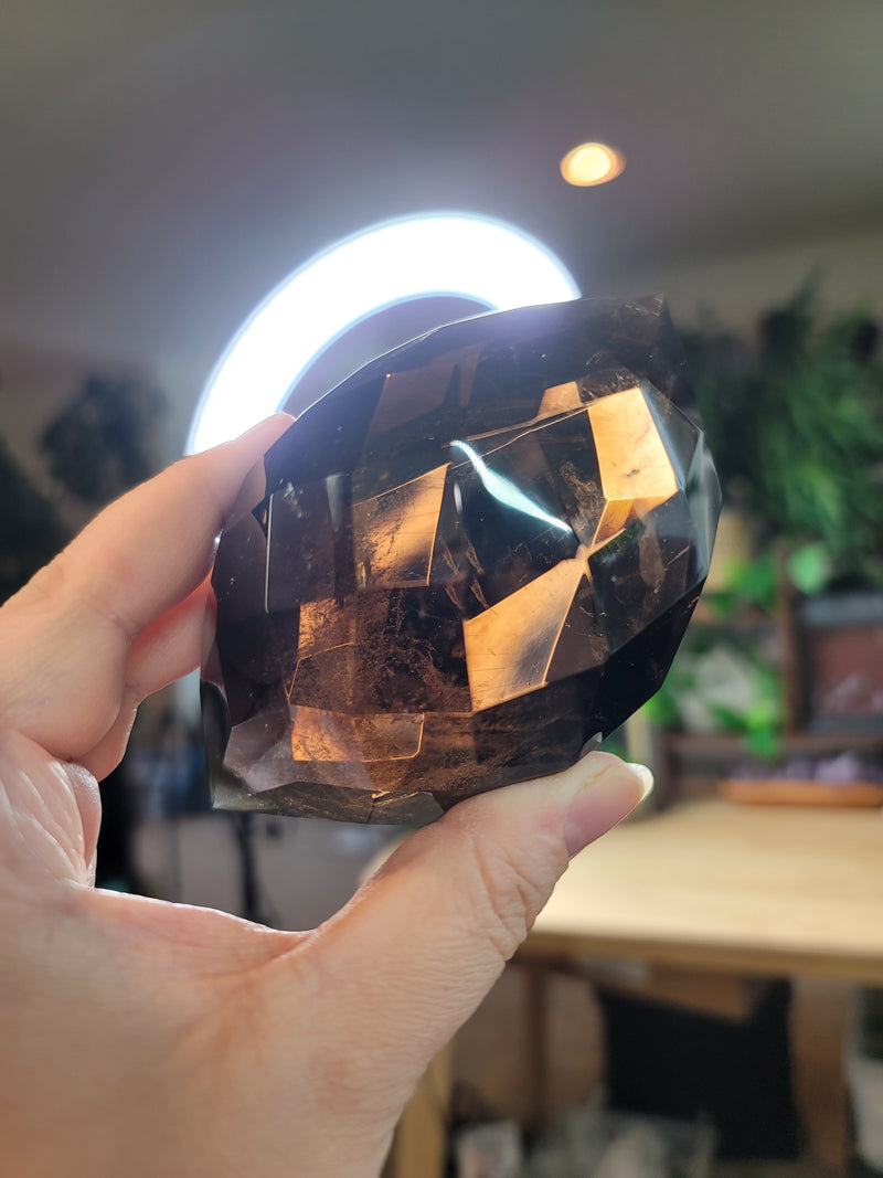 Faceted Dark Smoky Quartz with Gold Rutile