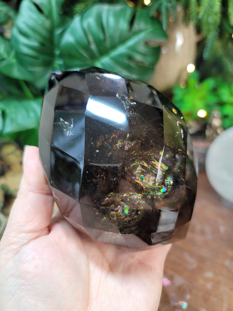 Faceted Dark Smoky Quartz with Rainbows