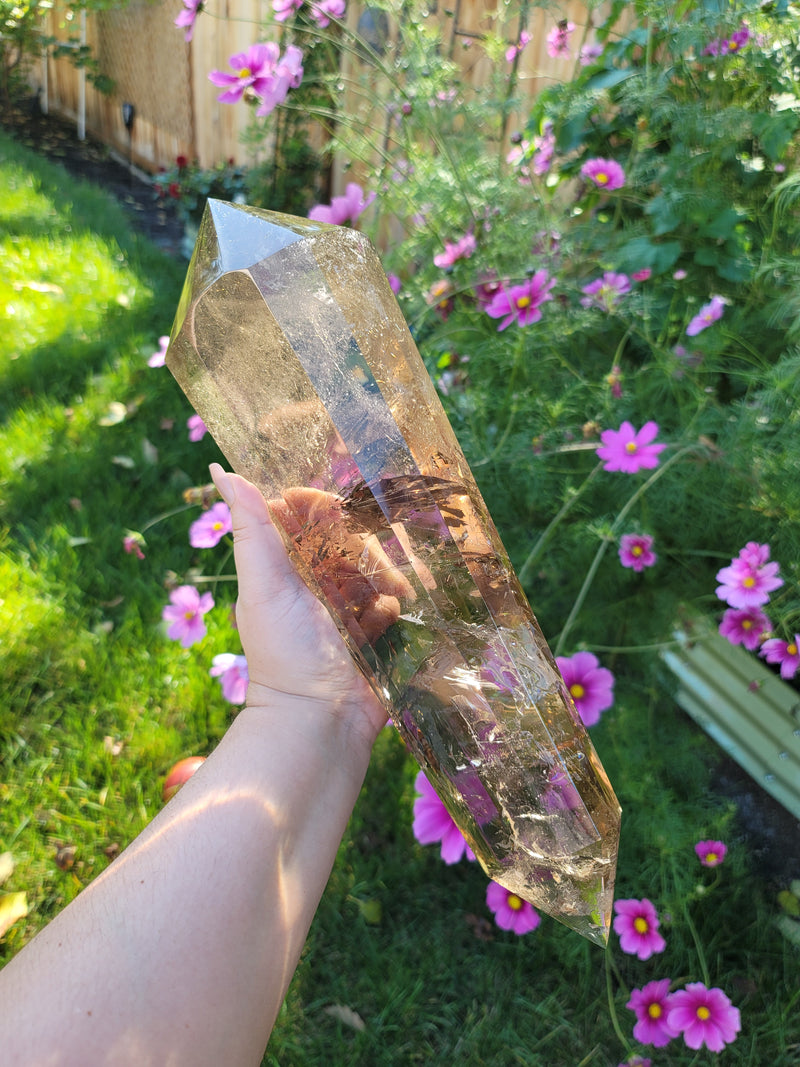 15" Tall High Grade Smoky Quartz Double Terminated Wand/Vogel/Point with Gold Rutile