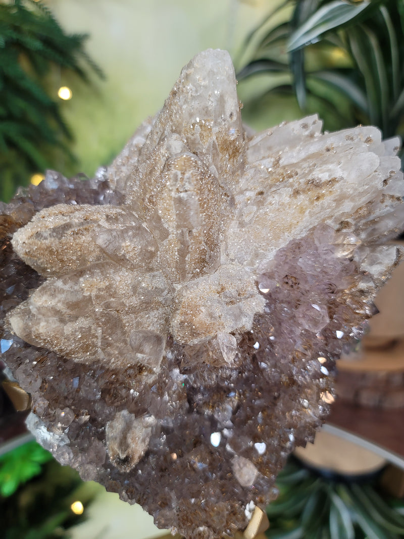 RARE PIECE Amethyst with Gold Rutile Inclusion Points, Dragon Scale Calcite w/Dendritic Design, Golden Goethite, Druzy & Pyrite