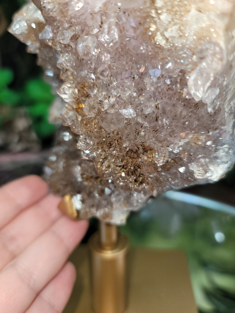 RARE PIECE Amethyst with Gold Rutile Inclusion Points, Dragon Scale Calcite w/Dendritic Design, Golden Goethite, Druzy & Pyrite