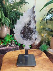 Black Druzy & Quartz Leaf on Stand