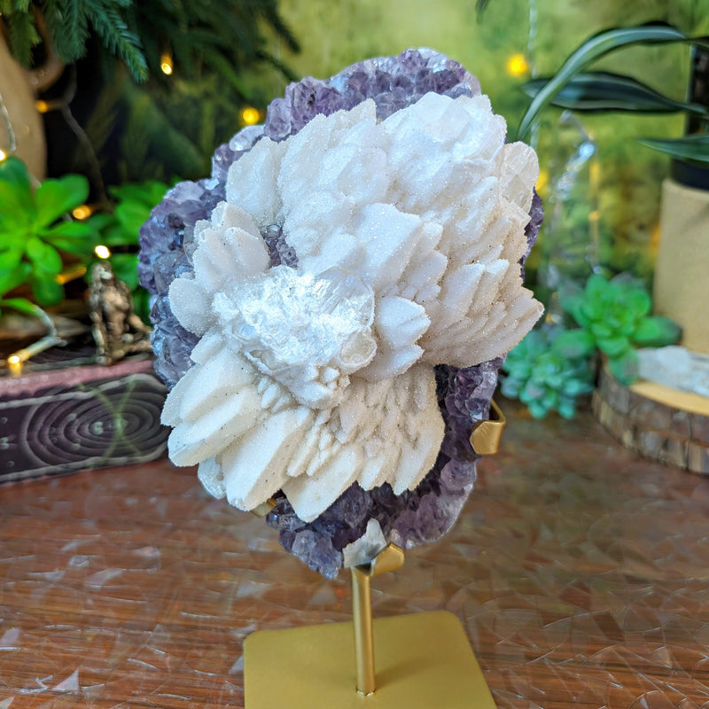 RARE White Druzy Dragon Scale Calcite Over Amethyst