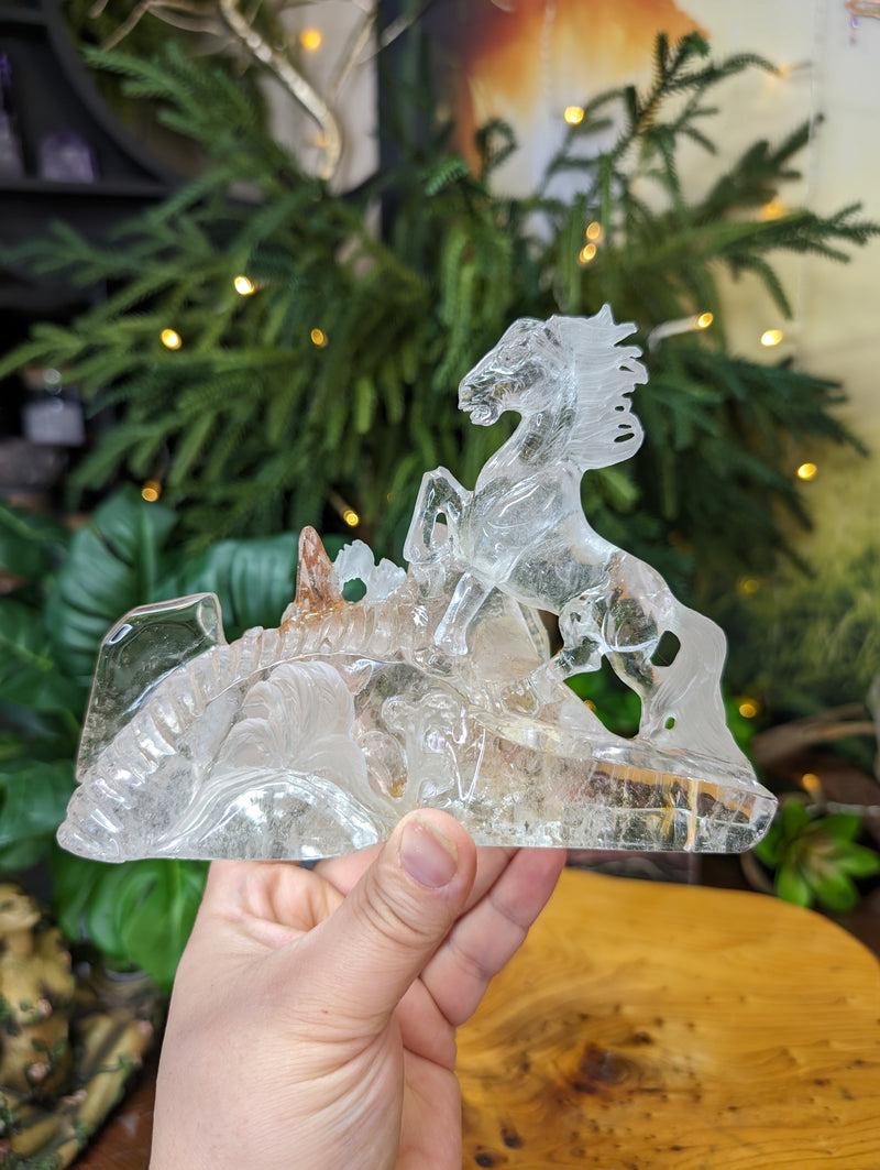 Beautiful Quartz Horse Carving with Rutile