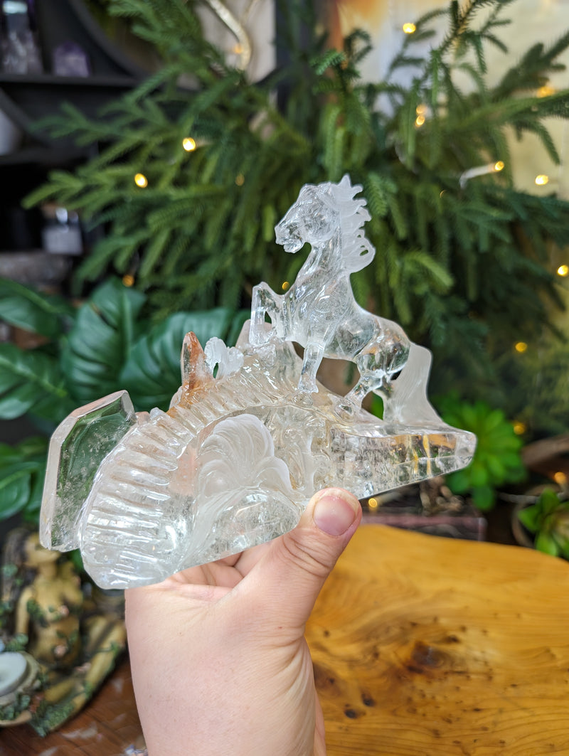 Beautiful Quartz Horse Carving with Rutile