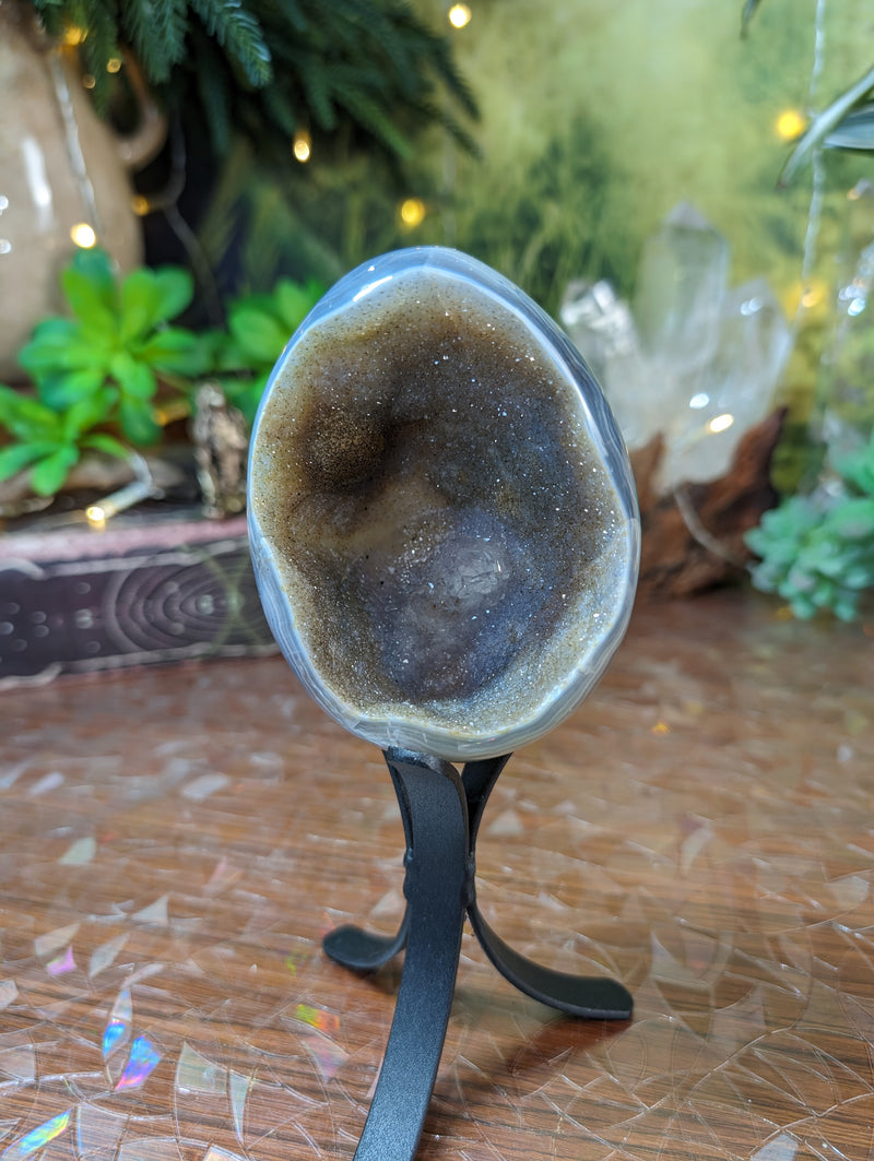 Agate Geode Egg with Sprinkle of Pyrite & Quartz Flower in the Center