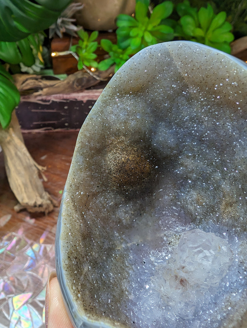 Agate Geode Egg with Sprinkle of Pyrite & Quartz Flower in the Center