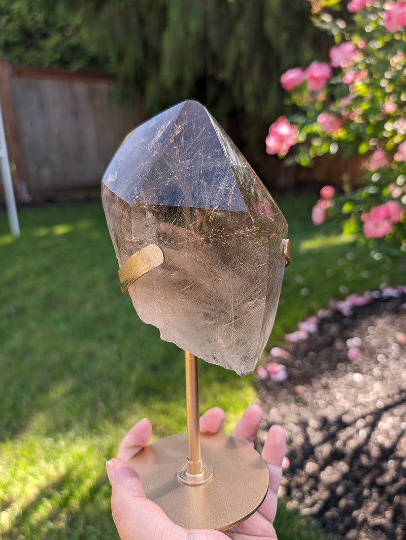 HQ Smoky Quartz Point Filled with Gold Rutile & Elestial Back