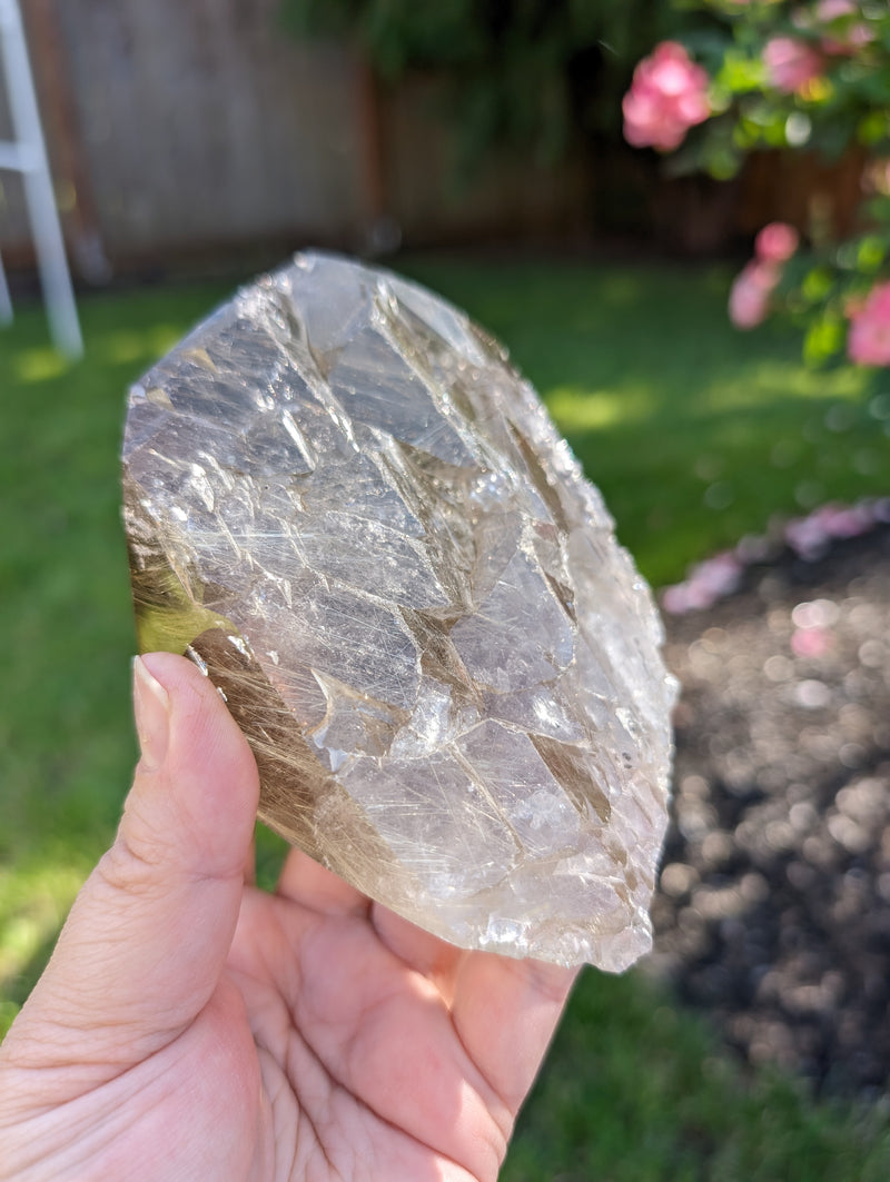 HQ Smoky Quartz Point Filled with Gold Rutile & Elestial Back