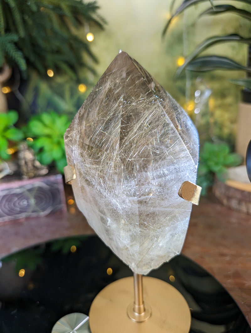 HQ Smoky Quartz Point Filled with Gold Rutile & Elestial Back