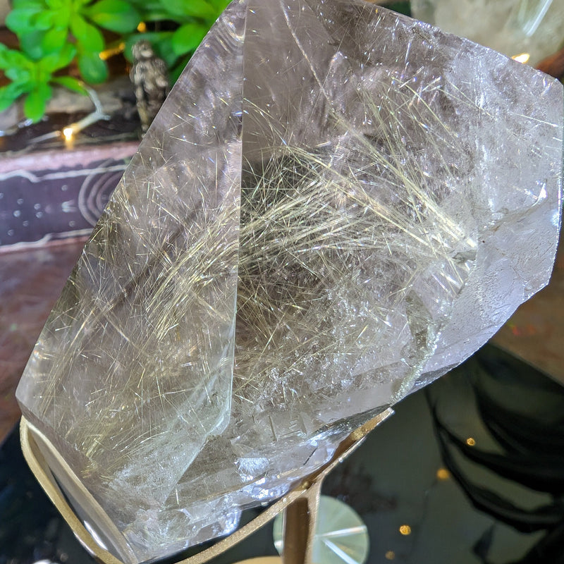 HQ Smoky Quartz Point Filled with Gold Rutile & Elestial Back