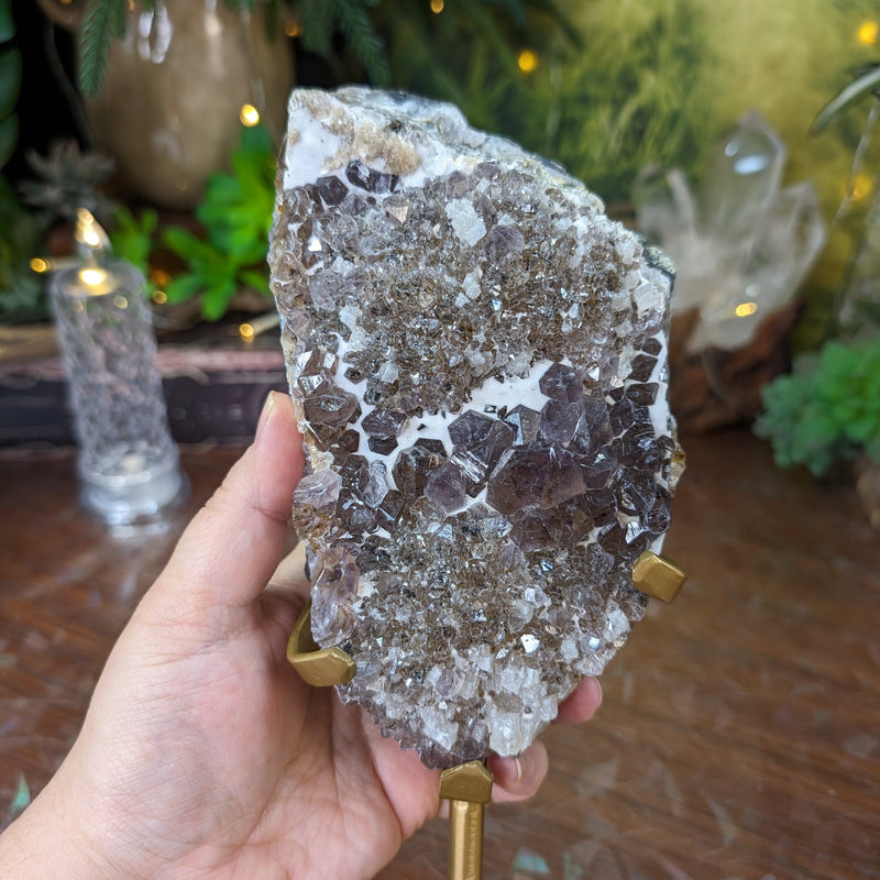 Large & Small Points Smoky Amethyst with Rutile, Snow Chalcedony and Calcite