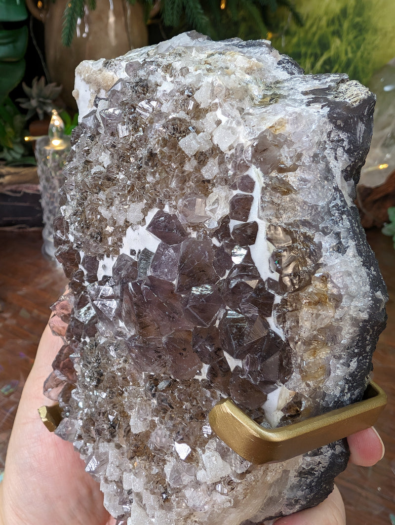 Large & Small Points Smoky Amethyst with Rutile, Snow Chalcedony and Calcite