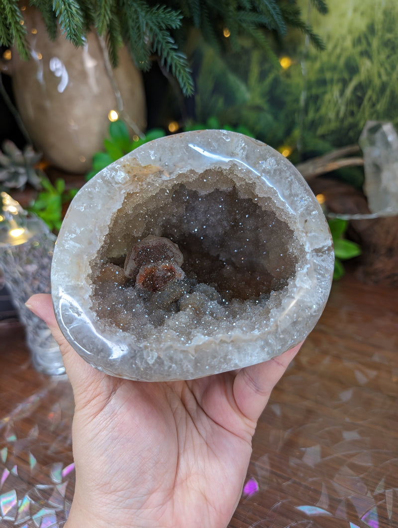 Beige Druzy Geode Cave with Hematite & Goethite Sparkle