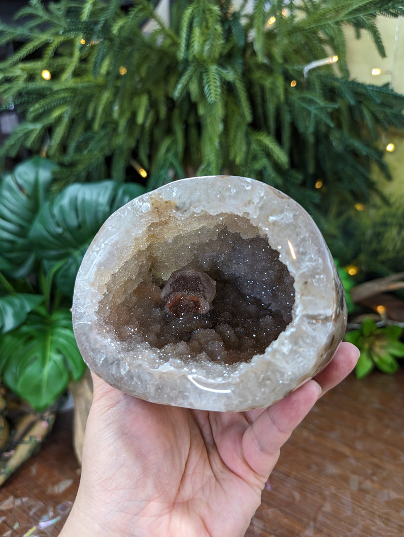 Beige Druzy Geode Cave with Hematite & Goethite Sparkle