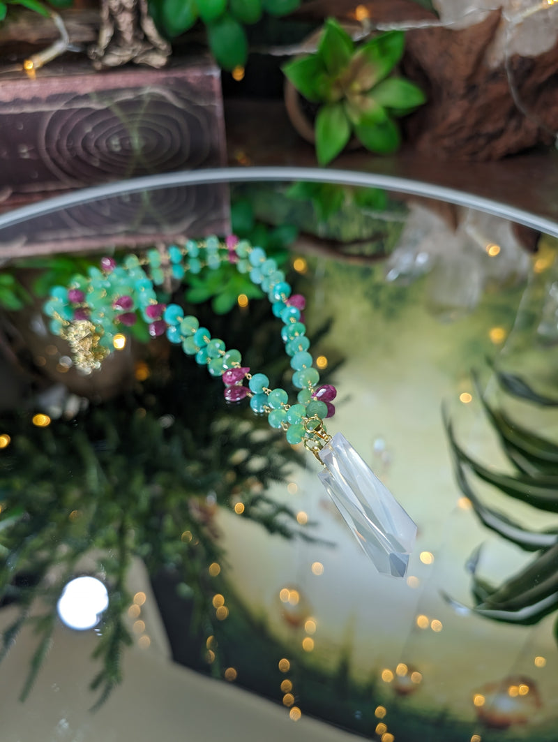 Chrysoprase Chalcedony & Ruby Faceted Bead Necklace with Faceted Rose Quartz Point