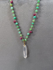 Chrysoprase Chalcedony & Ruby Faceted Bead Necklace with Faceted Rose Quartz Point