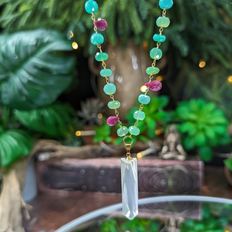 Chrysoprase Chalcedony & Ruby Faceted Bead Necklace with Faceted Rose Quartz Point