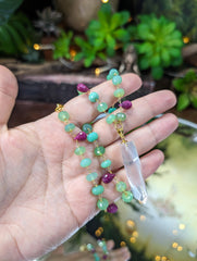 Chrysoprase Chalcedony & Ruby Faceted Bead Necklace with Faceted Rose Quartz Point