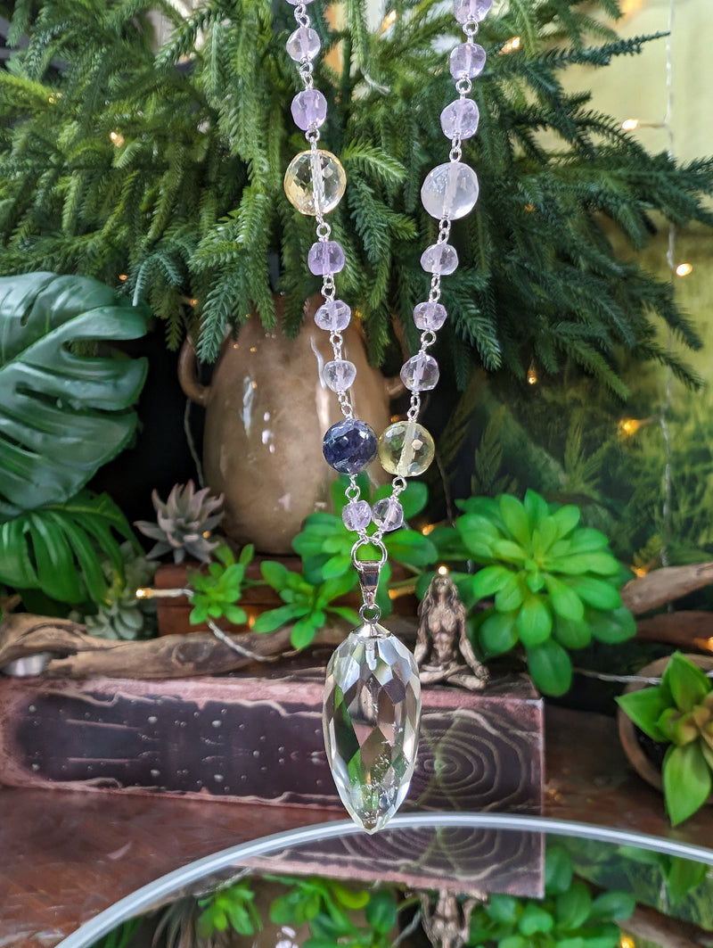 Faceted Amethyst, Pink Amethyst, Citrine & Prasiolite Necklace w/ Faceted Lemurian Quartz Point