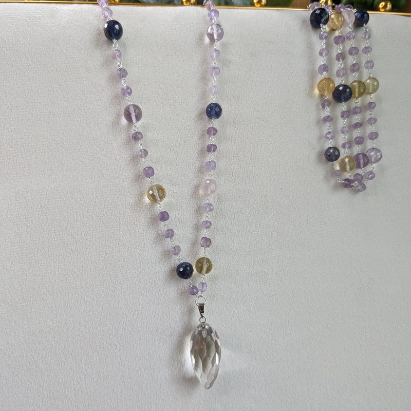 Faceted Amethyst, Pink Amethyst, Citrine & Prasiolite Necklace w/ Faceted Lemurian Quartz Point