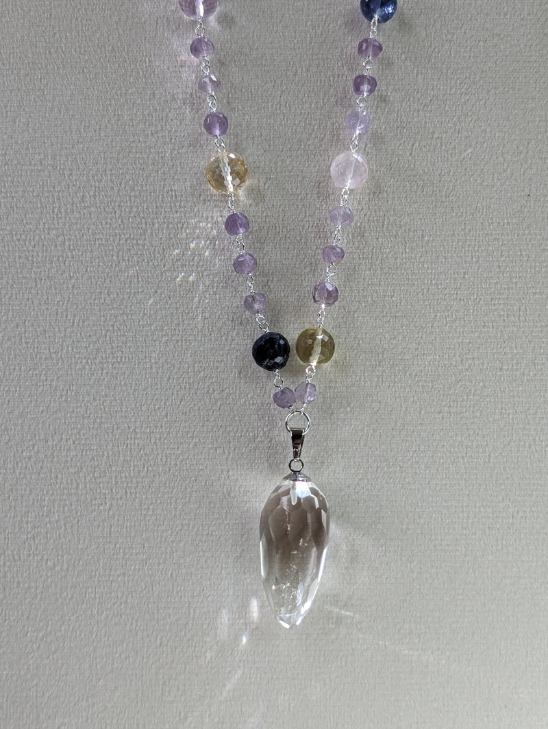 Faceted Amethyst, Pink Amethyst, Citrine & Prasiolite Necklace w/ Faceted Lemurian Quartz Point