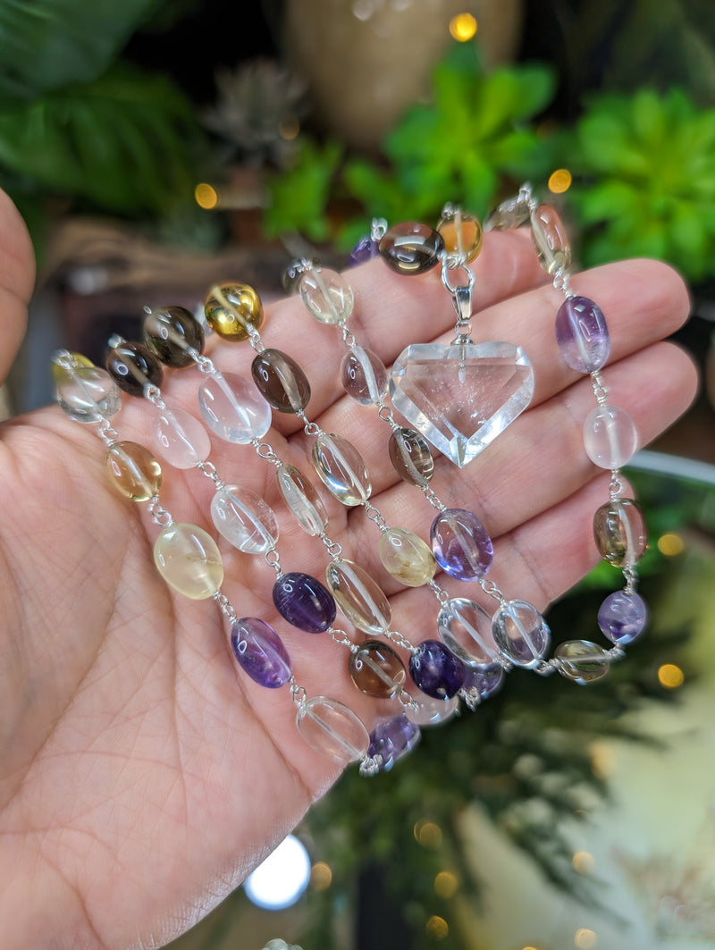 Double Layer Prehnite, Smoky, Amethyst, Quartz, Rose Quartz, Citrine & Prasiolite Necklace w/ Lemurian Heart