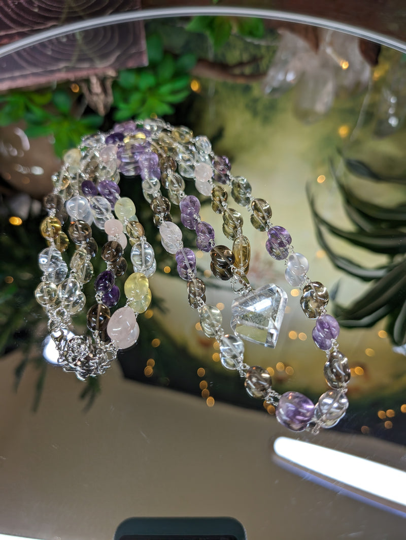 Double Layer Prehnite, Smoky, Amethyst, Quartz, Rose Quartz, Citrine & Prasiolite Necklace w/ Lemurian Heart