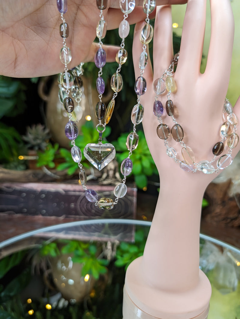 Double Layer Prehnite, Smoky, Amethyst, Quartz, Rose Quartz, Citrine & Prasiolite Necklace w/ Lemurian Heart