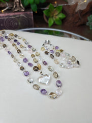 Double Layer Prehnite, Smoky, Amethyst, Quartz, Rose Quartz, Citrine & Prasiolite Necklace w/ Lemurian Heart