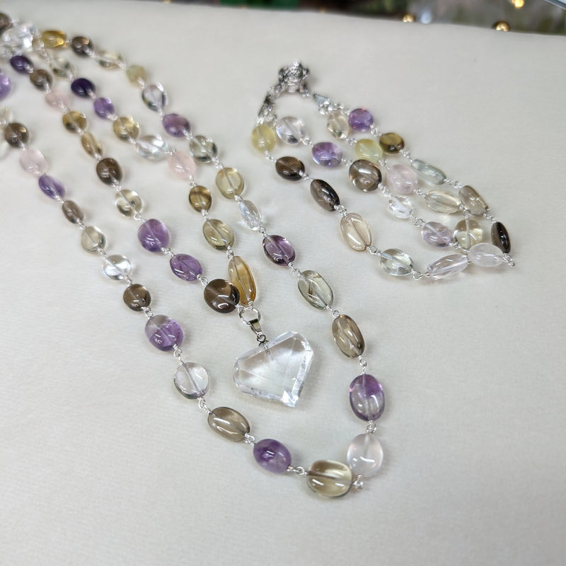 Double Layer Prehnite, Smoky, Amethyst, Quartz, Rose Quartz, Citrine & Prasiolite Necklace w/ Lemurian Heart