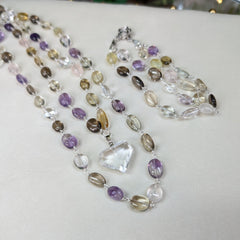 Double Layer Prehnite, Smoky, Amethyst, Quartz, Rose Quartz, Citrine & Prasiolite Necklace w/ Lemurian Heart