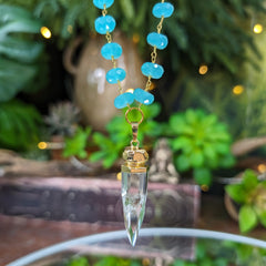 Cosmic Clear Quartz Point with Aqua Chalcedony Beaded Chain