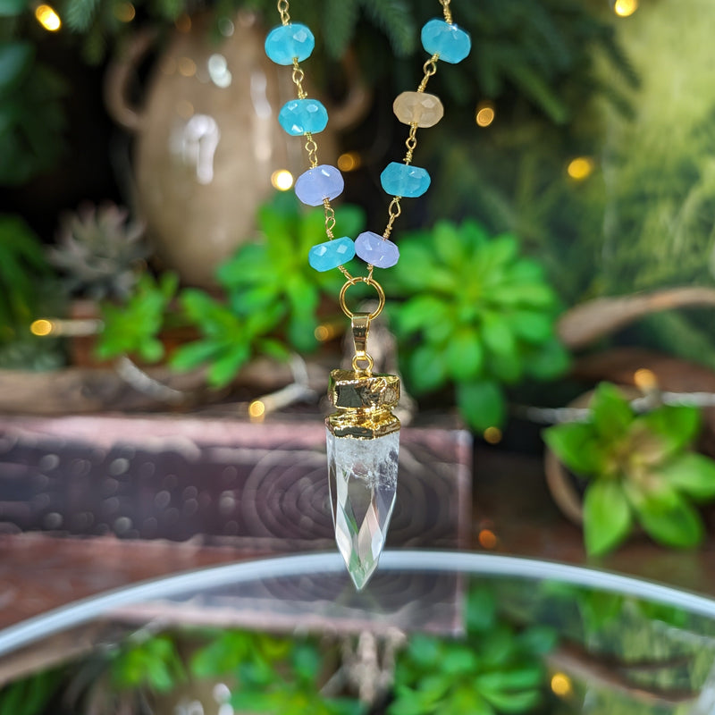 Cosmic Clear Quartz Point with Rainbow Chalcedony Beaded Chain