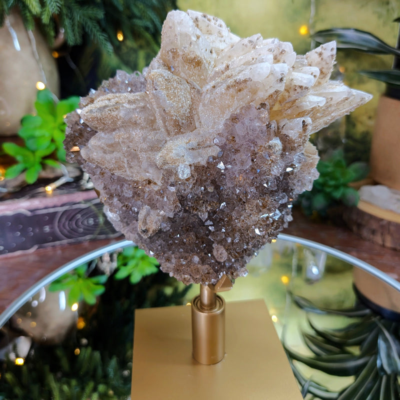 RARE PIECE Amethyst with Gold Rutile Inclusion Points, Dragon Scale Calcite w/Dendritic Design, Golden Goethite, Druzy & Pyrite