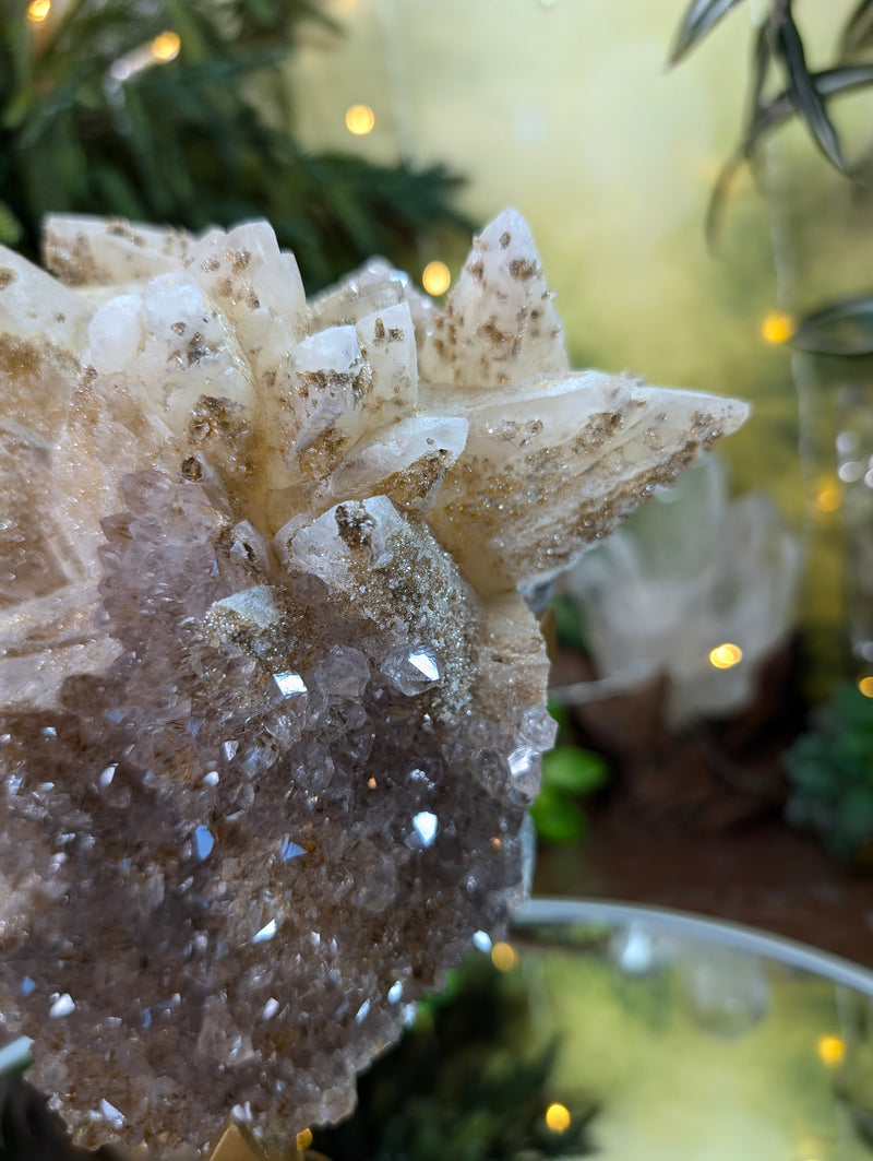 RARE PIECE Amethyst with Gold Rutile Inclusion Points, Dragon Scale Calcite w/Dendritic Design, Golden Goethite, Druzy & Pyrite