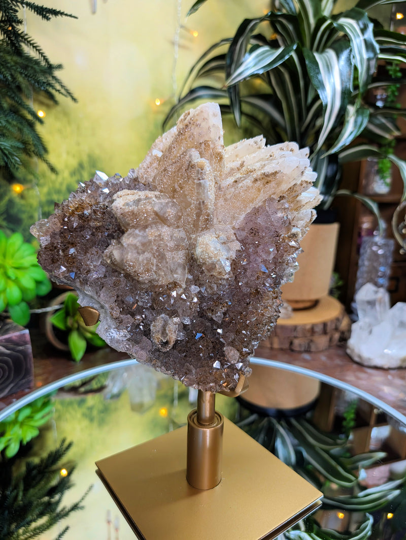 RARE PIECE Amethyst with Gold Rutile Inclusion Points, Dragon Scale Calcite w/Dendritic Design, Golden Goethite, Druzy & Pyrite