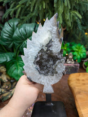 Black Druzy & Quartz Leaf on Stand