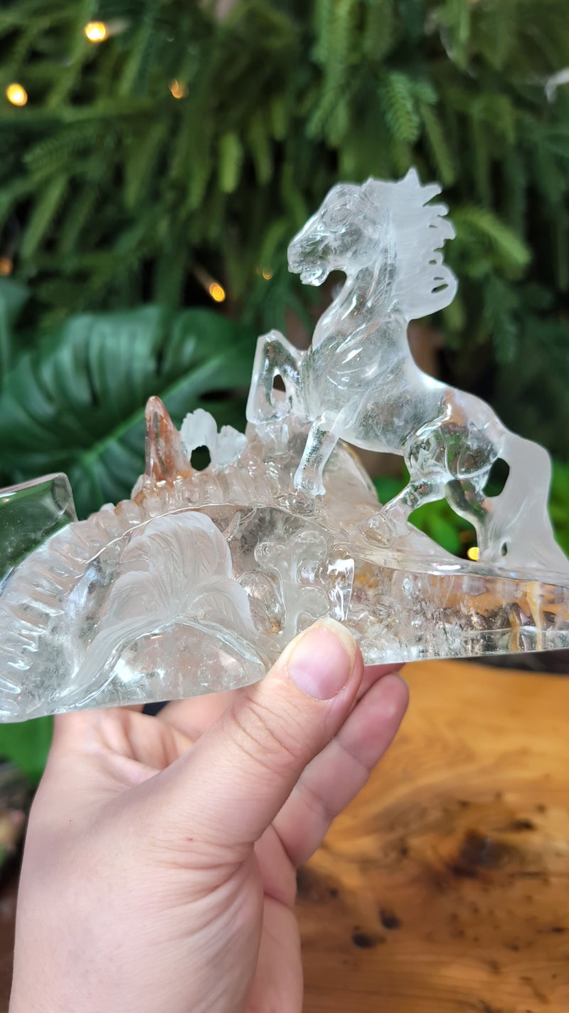 Beautiful Quartz Horse Carving with Rutile