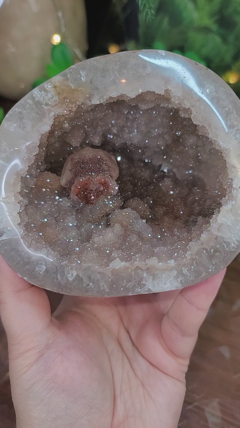 Beige Druzy Geode Cave with Hematite & Goethite Sparkle