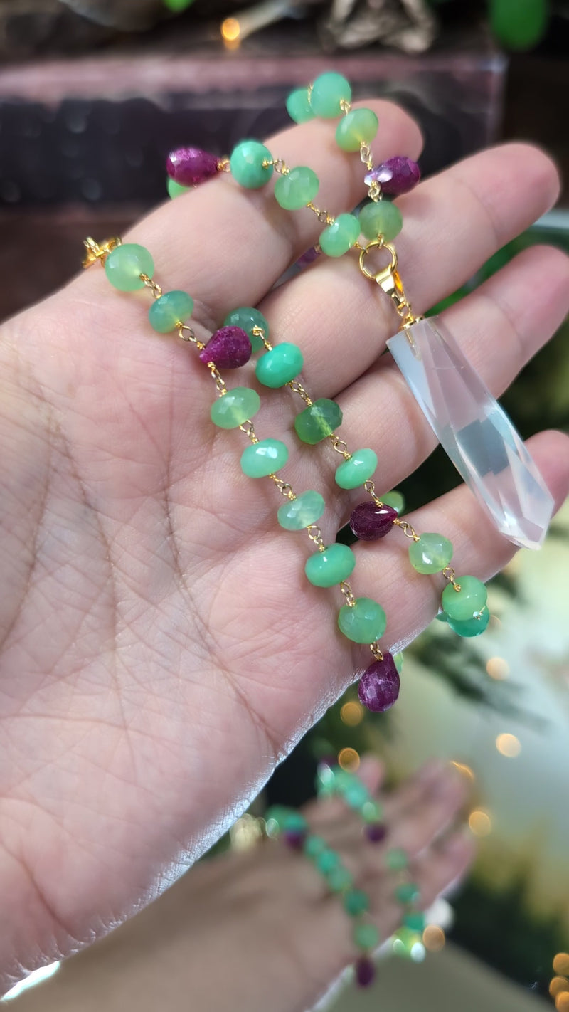 Chrysoprase Chalcedony & Ruby Faceted Bead Necklace with Faceted Rose Quartz Point