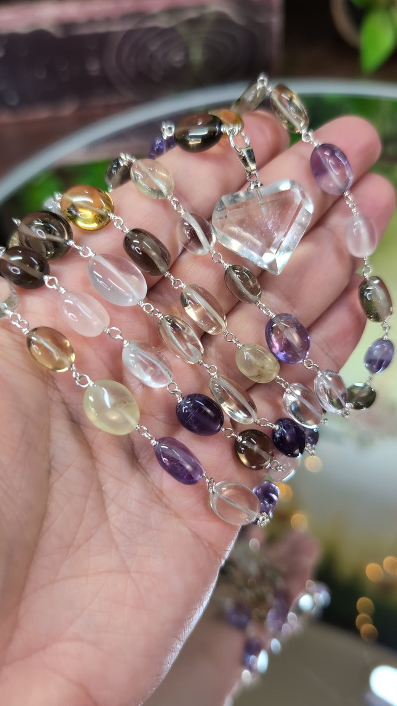 Double Layer Prehnite, Smoky, Amethyst, Quartz, Rose Quartz, Citrine & Prasiolite Necklace w/ Lemurian Heart