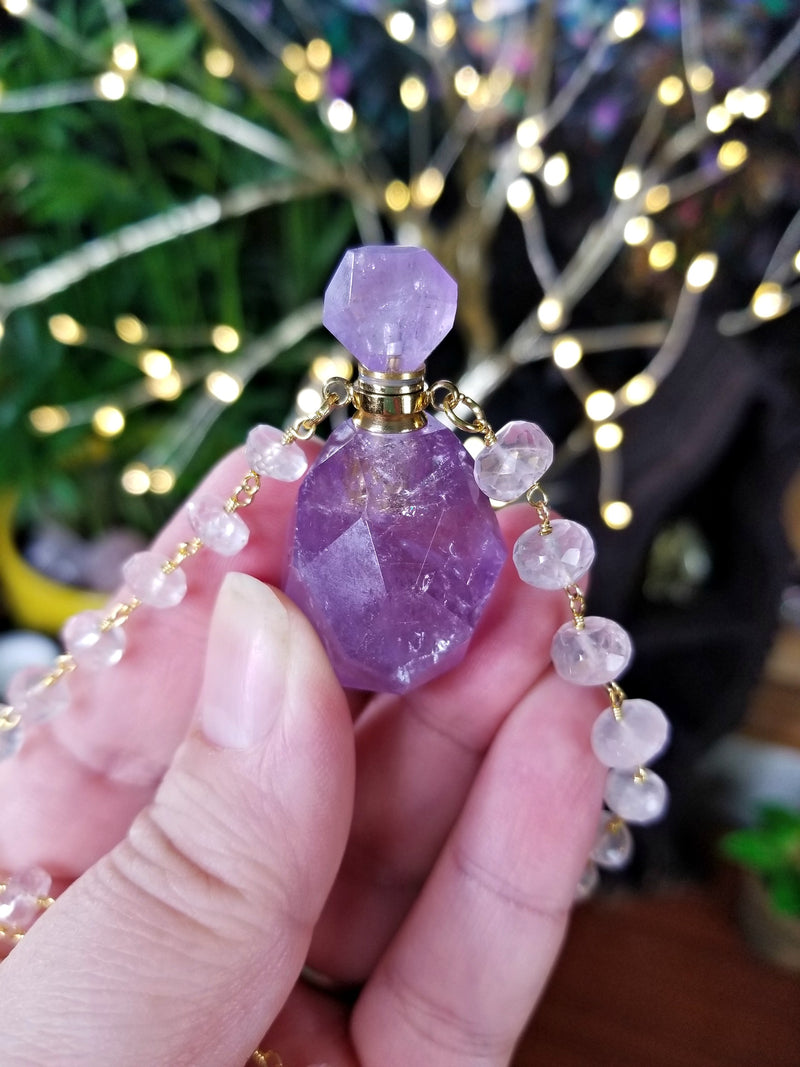 Amethyst Crystal Perfume Bottle with Rose Quartz Faceted Rosary Chain